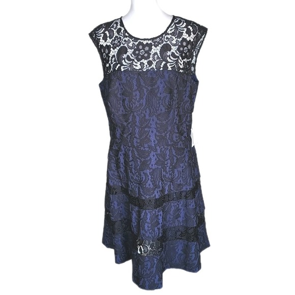 Kay Unger Cocktail Dress Womens 16 Fit Flare Navy Black Jacquard Lace Tiered NWT